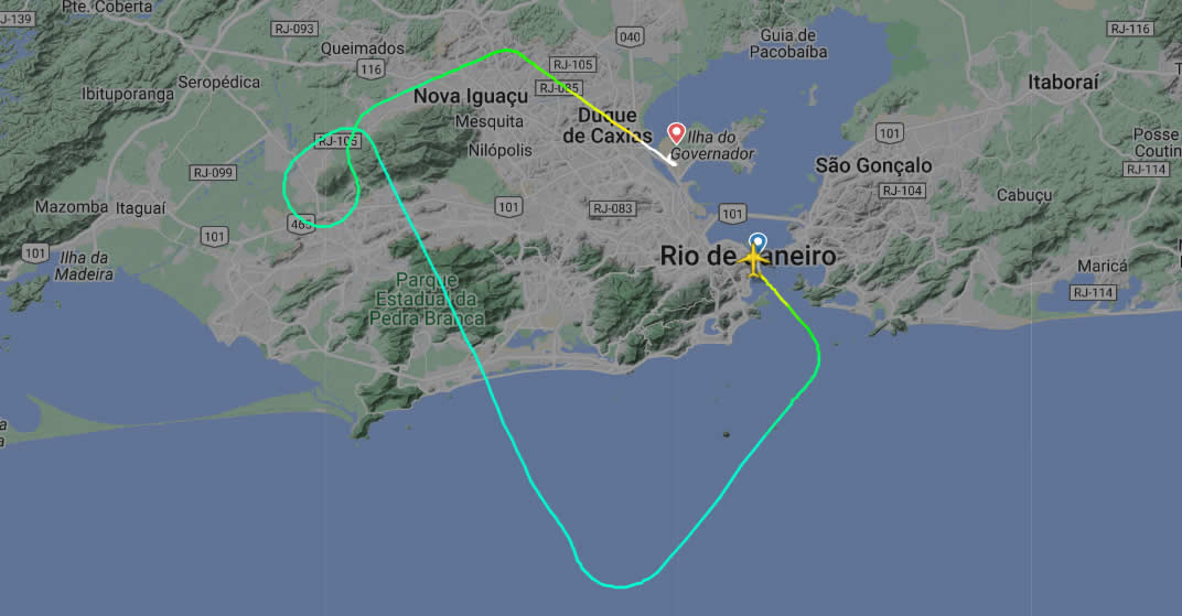Um avião da Gol, com destino a Congonhas, em São Paulo, teve que fazer um pouso emergencial no Aeroporto Internacional do Galeão cerca de 15 minutos depois de ter decolado | Imagem flightradar24